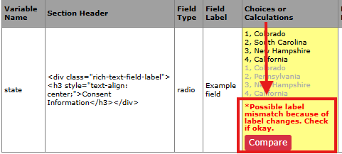 Screenshot of listing of changes with warning outlined.