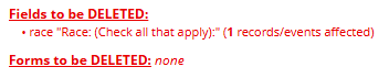Screenshot of field and form deletion section of change summary page
