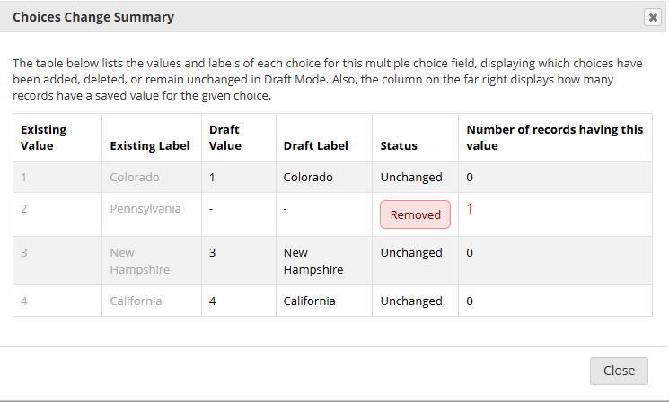 Screenshot of choices change summary pop-up with red "Removed" warning