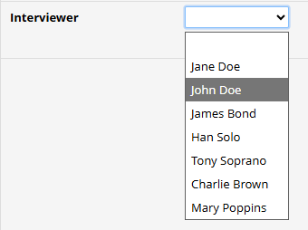 Screenshot of a dropdown field with interviewer names