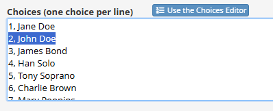 Screenshot of a dropdown response options with '2, John Doe' highlighted