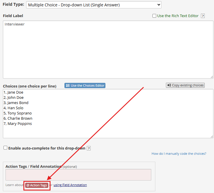 Screenshot of field editor with "Action Tags" button outlined in red