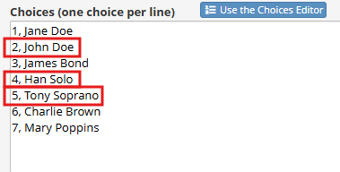 Screenshot of choice list in field editor with raw value of John Doe, Han Solo, and Tony Soprano outlined in red