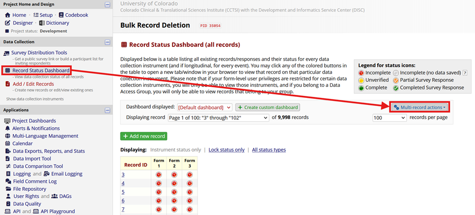 Screenshot of REDCap's Record Status Dashboard showing a table with record IDs and status indicators for survey data management. The dashboard includes a legend with color-coded status icons, navigation controls for records per page, and options to create custom dashboards or perform multi-record actions. The Record Status Dashboard link is highlight with an arrow point to the multi-record actions button.