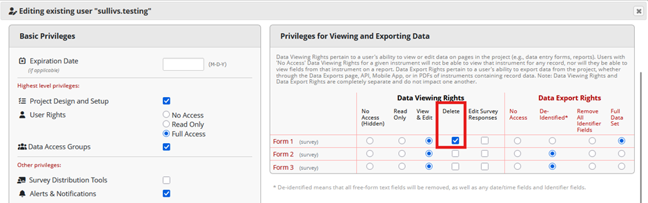 Screenshot of REDCap User Rights interface for editing user privileges. The interface displays sections for setting expiration date, project design access levels, data access groups, and detailed data viewing and exporting rights. The "Delete" permission is highlighted.