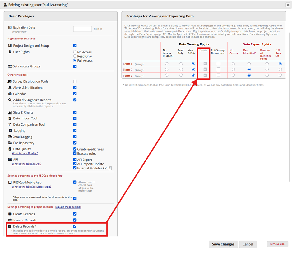 A screenshot displaying the REDCap User Interface, with the Delete Records checkbox selected and highlighted. An arrow extends from the Delete Records highlight to the Delete checkboxes under the Data Viewing Rights heading for three instruments. All three checkboxes are selected.