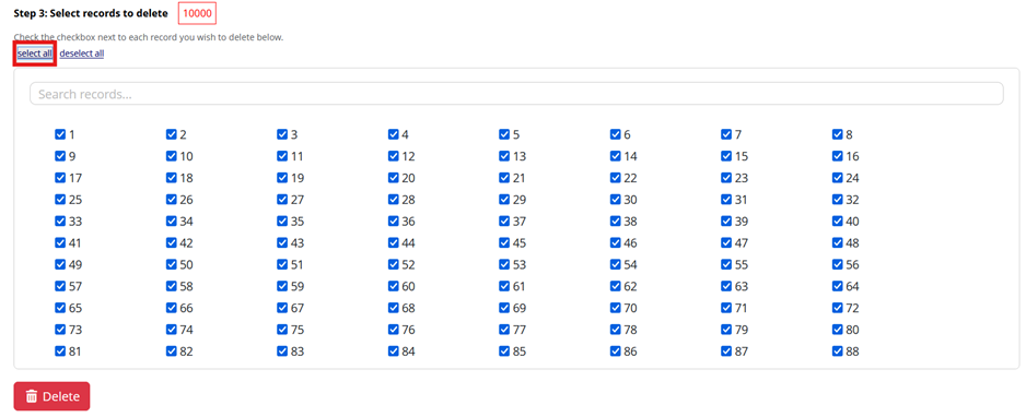 Screenshot of Step 3 of REDCap's Bulk Record Delete user interface. The "select all" text under step 3 is highlighted, and all checkboxes for records on the page are checked off.