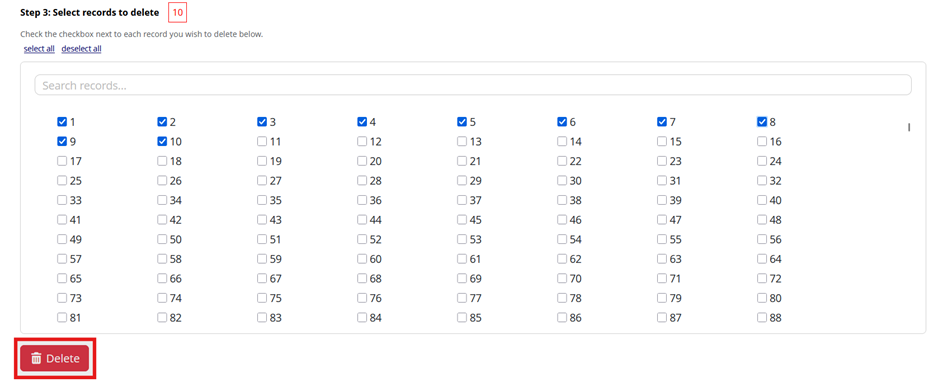 Screenshot of the Bulk Record Delete user interface in REDCap, with Select record from a list selected under Step 2, checkboxes selected for values one through ten, and the delete button highlighted.