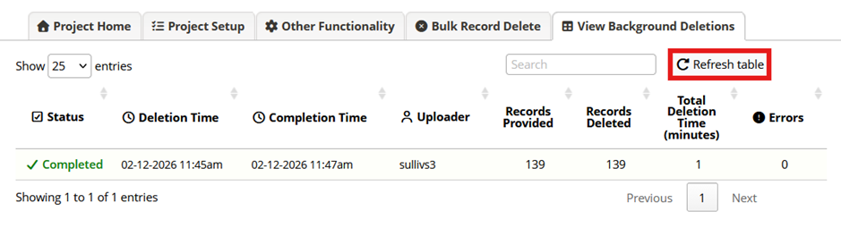 Screenshot of the REDCap user interface for background Bulk Record Delete with a single deletion completed, and the "Refresh table" button highlighted.