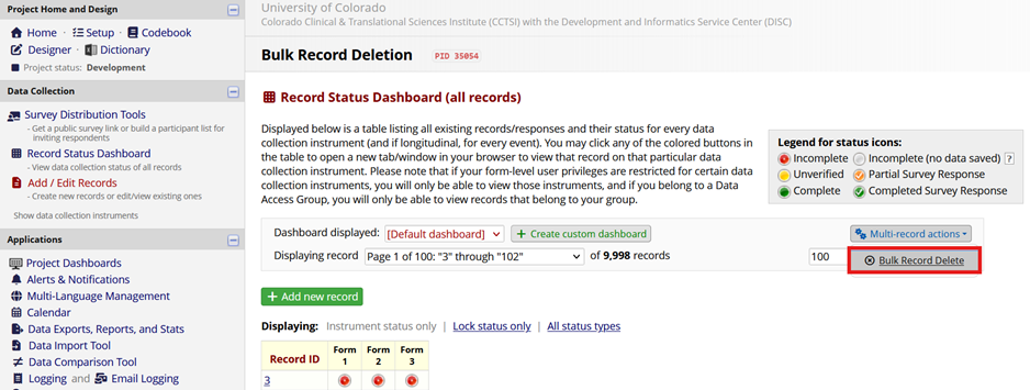Screenshot of a REDCap Project's Record Status Dashboard page, with the Multi-record actions dropdown menu selected and the Bulk Record Delete option highlighted.