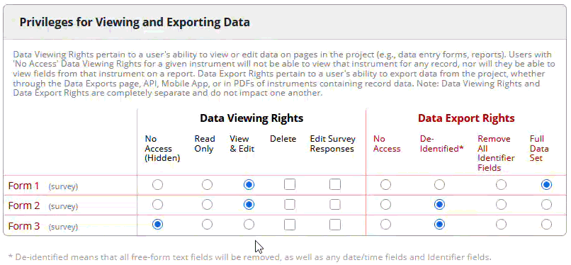 Screenrecording of the REDCap user interface displaying the View & Edit permission being auto-selected when the Delete checkbox is selected.