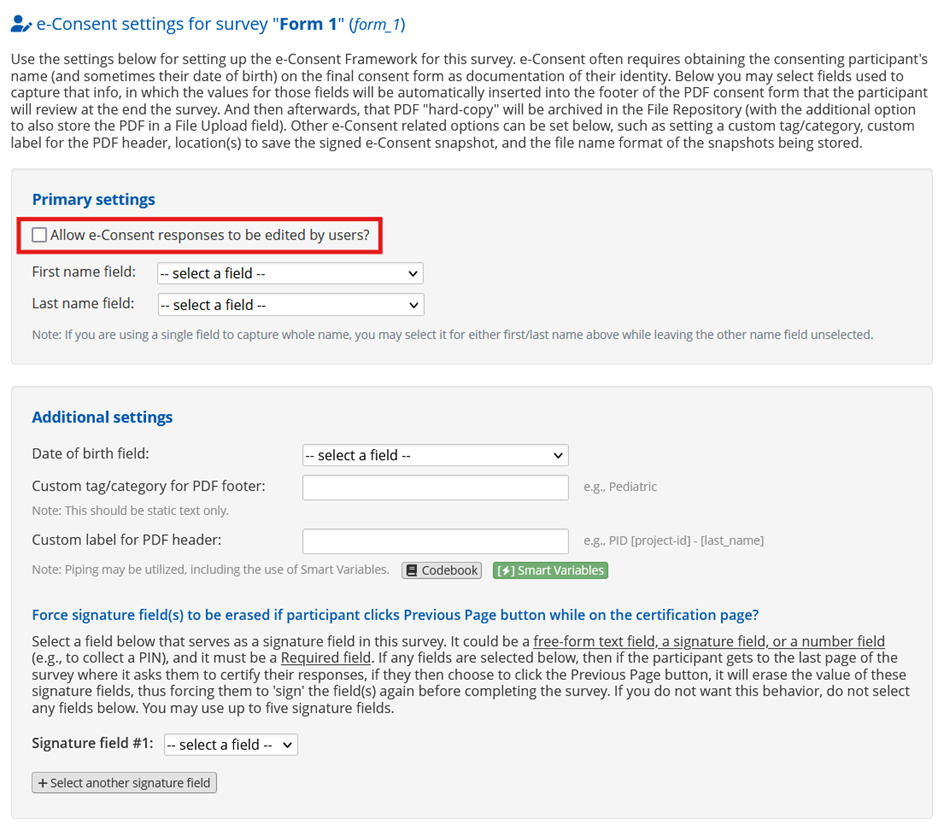 Screenshot of the e-Consent Framework settings page in REDCap, with the Allow e-Consent responses to be edited by users check box highlighted.