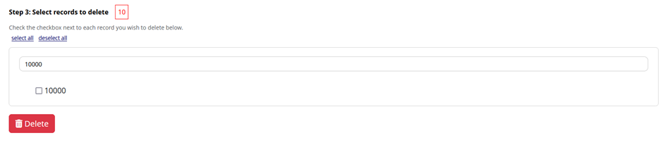 Screenshot of the Bulk Record Delete user interface in REDCap, focused on the search bar on Step 3 that appears when Select record from a list is selected under Step 2