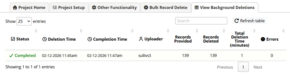 Screenshot of the REDCap user interface for background Bulk Record Delete with a single deletion completed.