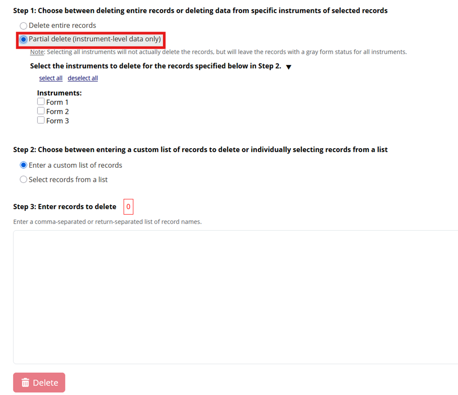 Screenshot of the Bulk Record Delete user interface in REDCap, with the Partial delete (instrument-level data only) option selected and highlighted underneath Step 1.