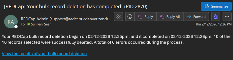Screenshot of the Outlook user interface, displaying an email (detailed in the text above) confirming the background bulk record delete process has been completed.