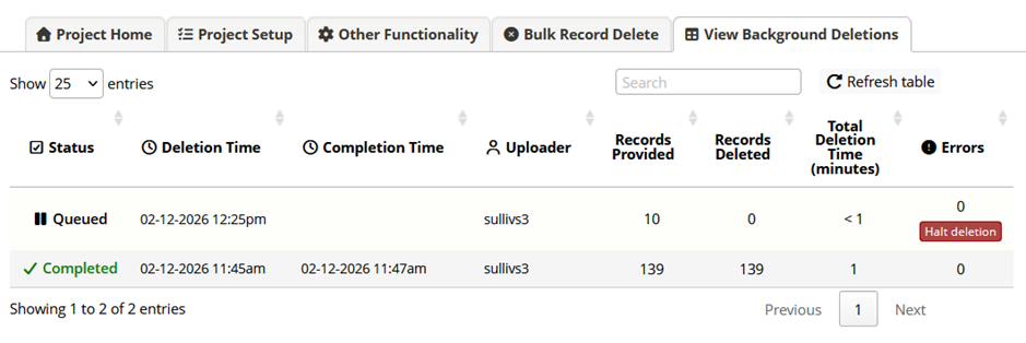 Screenshot of REDCap's View Background Deletions user interface, displaying one deletion queued and another completed.