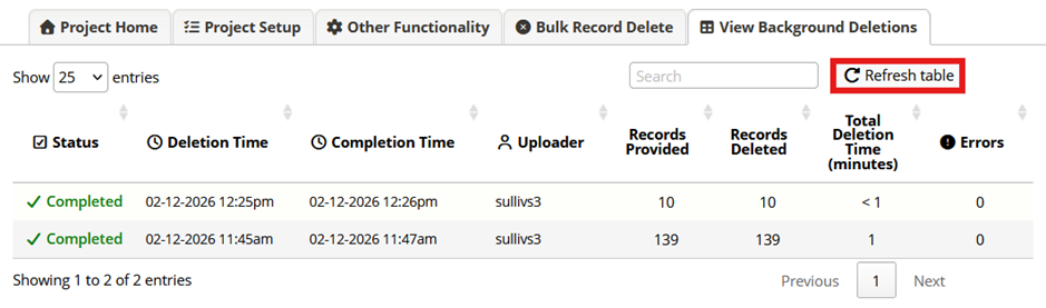 Screenshot of the REDCap user interface for background Bulk Record Delete with a single deletion completed, and the "Refresh table" button highlighted.