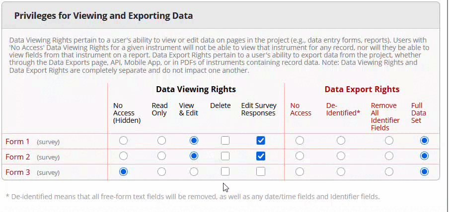 Screenrecording of the REDCap User Rights user interface where the Delete permission aumatically deslecting for an instrument when the Read Only permission is selected for an instrument.
