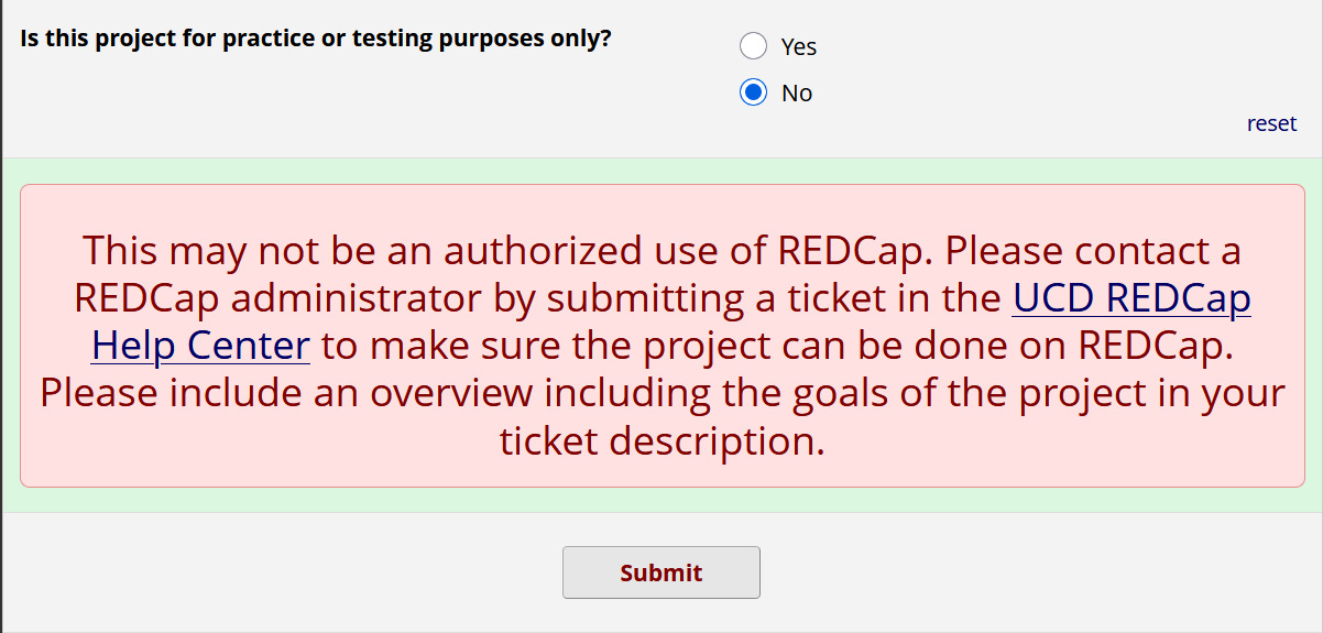 Screenshot of the old REDCap Project Verification Survey, displaying an error message notifying users that their selections indicate they may not meet authorized use criteria.