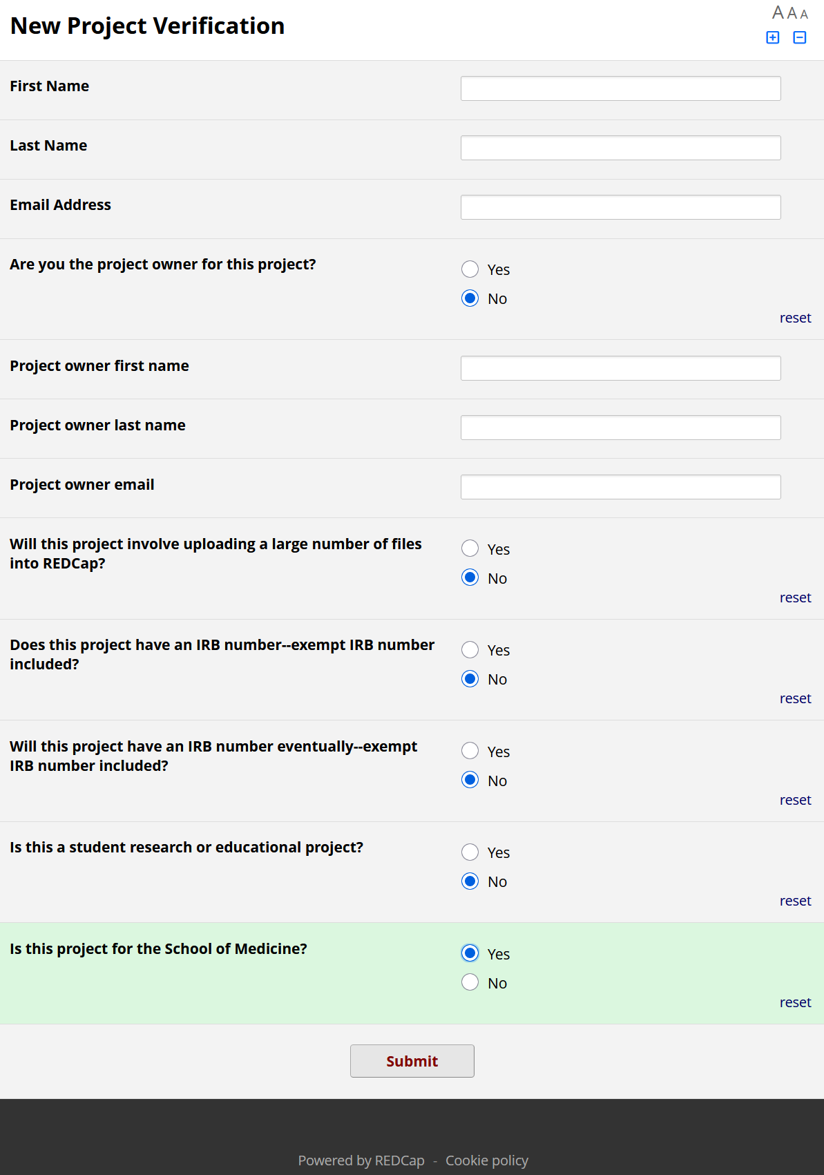 Screenshot of a REDCap survey titled, New Project Verification. It displays the fields described in the text prior to this screenshot.