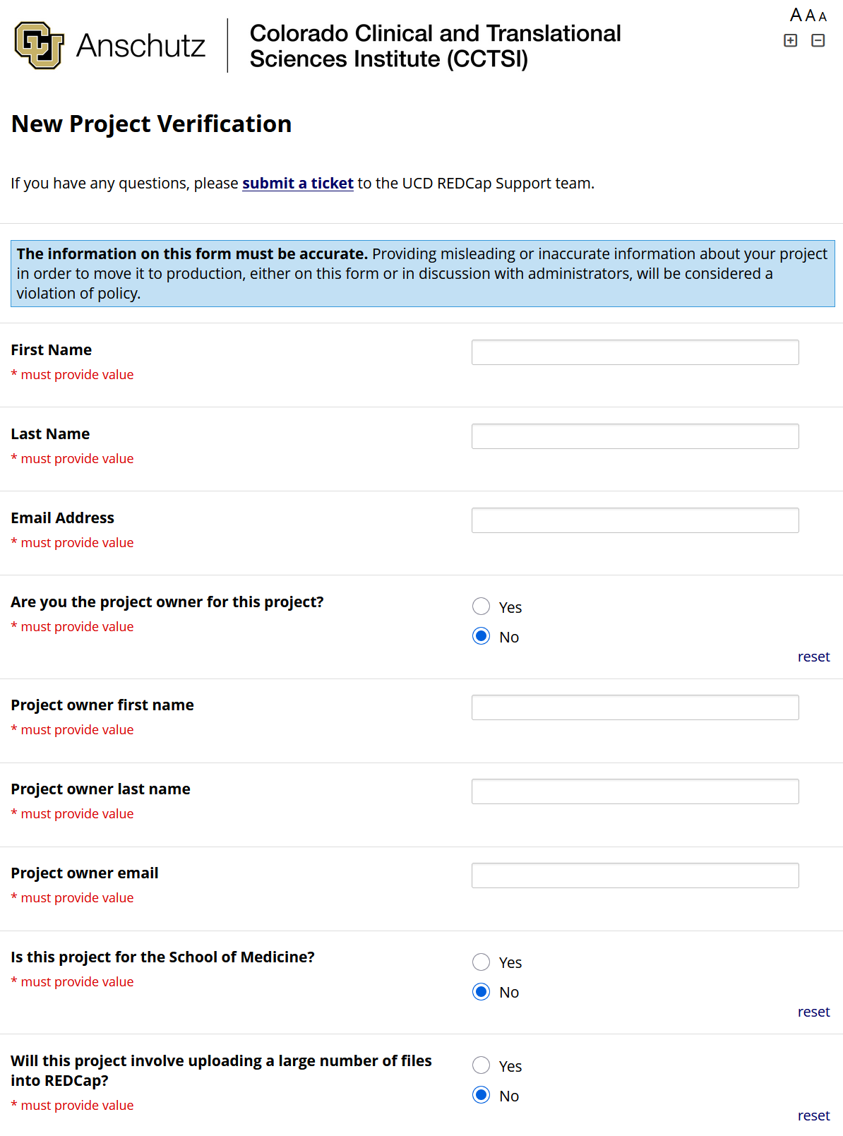 Screenshot of the New Project Verification survey in REDCap, displaying new color formatting and helpful links.