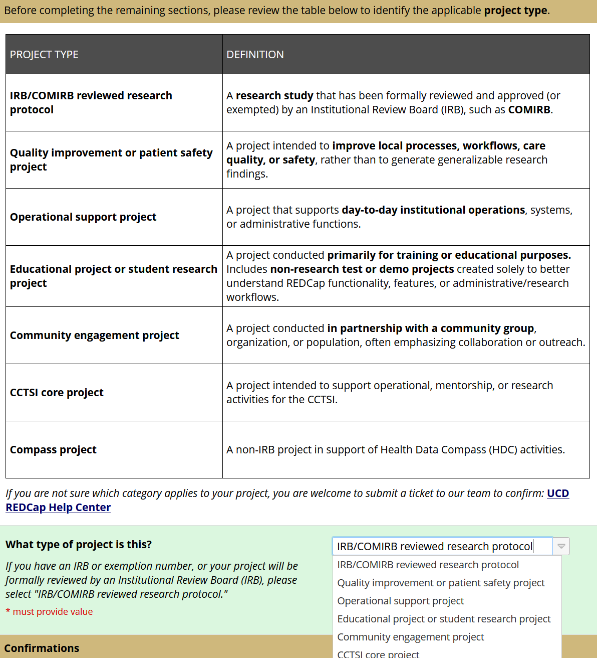 Screenshot of the New Project Verification survey, displaying the new project type and defintion table. A dropdown menu for project type is also selected.