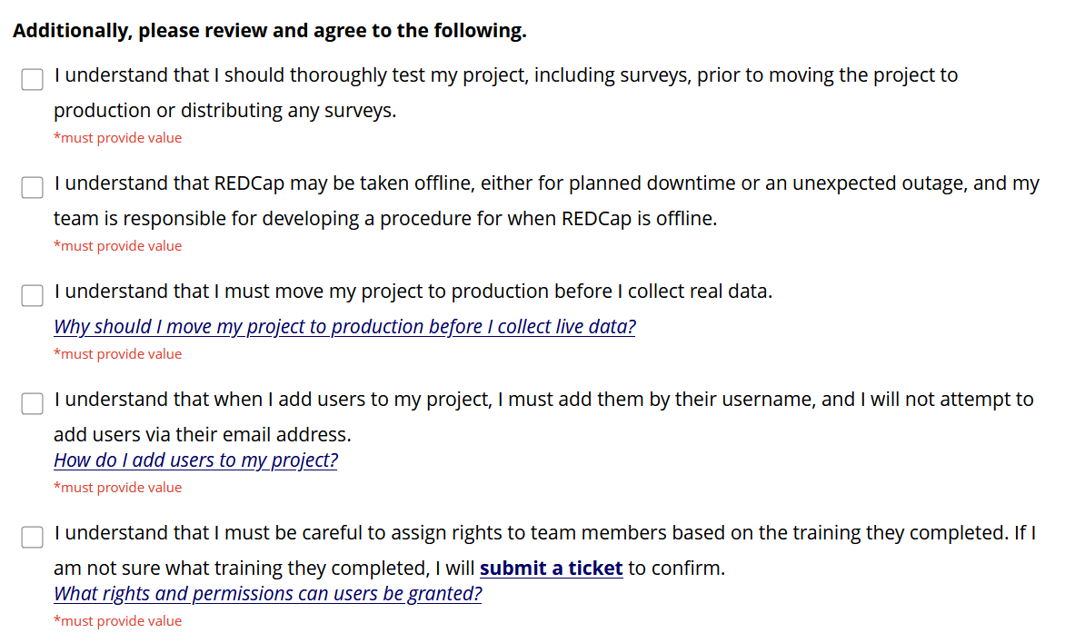 Screenshot of the New Project Verification survey in REDCap, displaying required fields that ask users to confirm they understand best practices in REDCap.