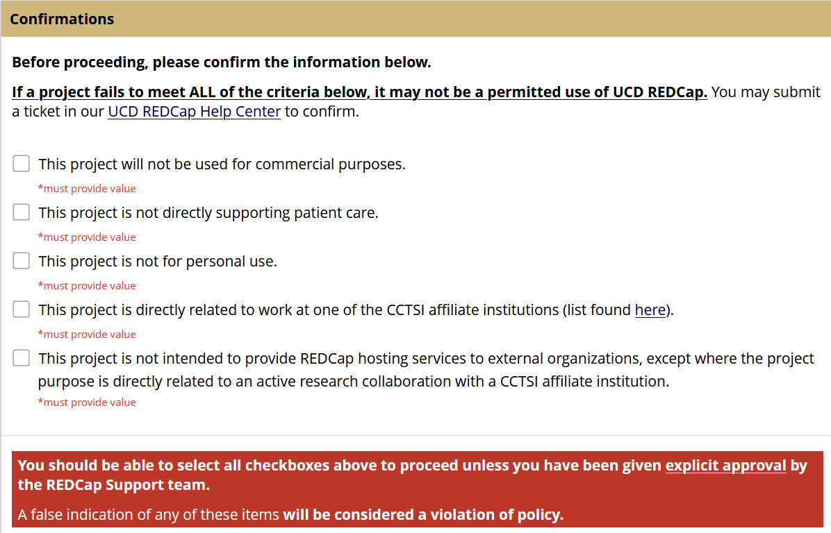 Screenshot of the New Project Verification survey, displaying the required agreements to proceed with project creation. A warning message appears at the bottom of the page, suggesting you cannot proceed without selections.