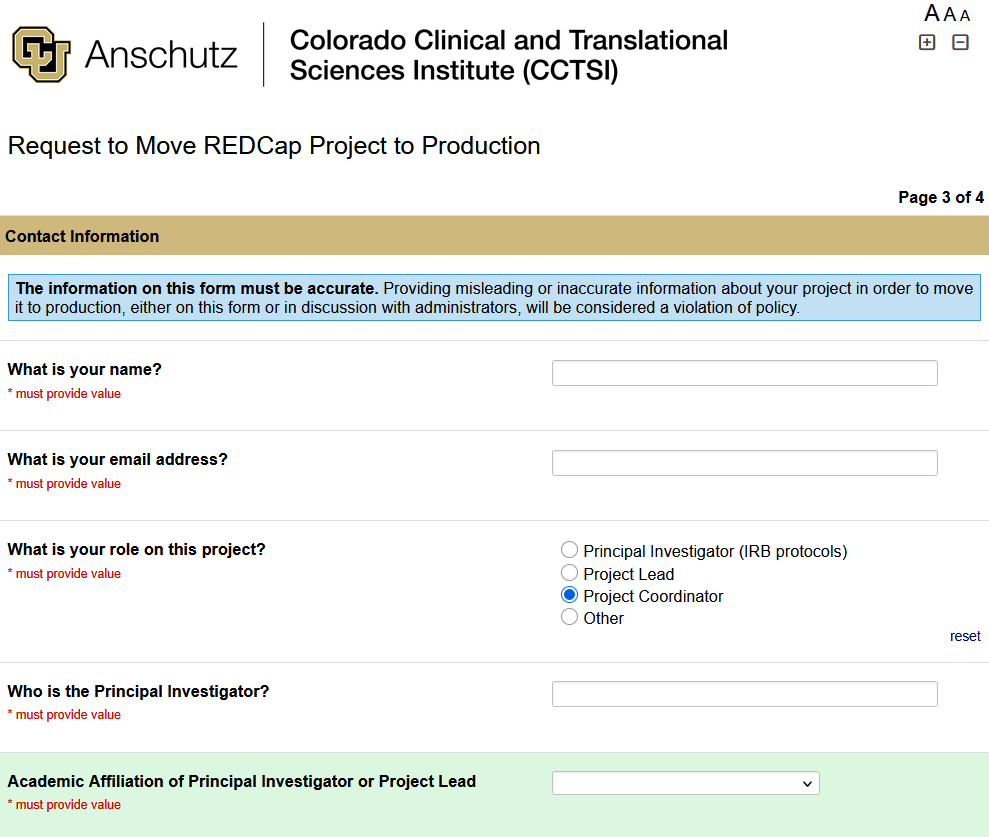 Screenshot of the third page of the new Move Project to Production survey, displaying fields that request information on the submitter and other relevant staff members.