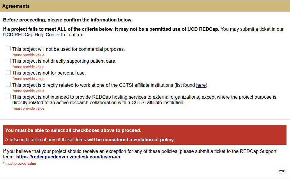 Screenshot of the fourth and final page of the Move Project to Production survey. Checkbox fields appear, each listing different criteria necessary to prove the project meets permitted use guidelines.
