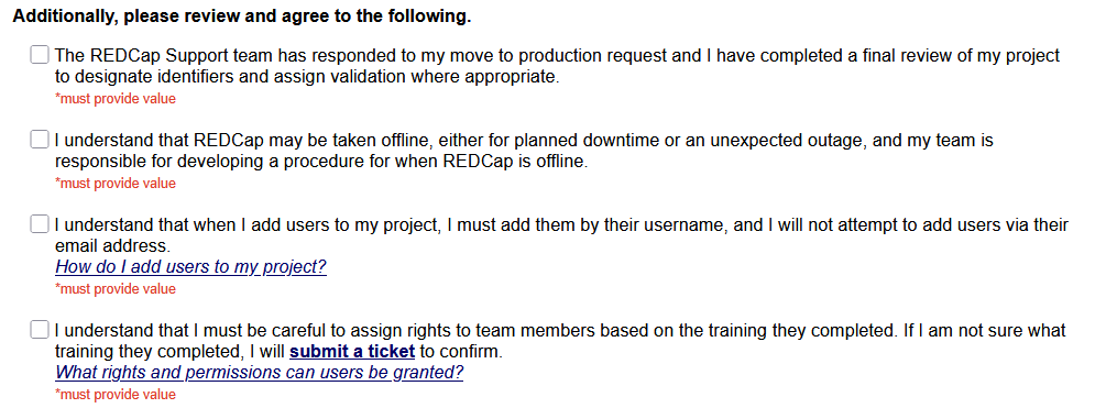 Screenshot of the final page of the Move to Project to Production survey, displaying checkbox fields. These fields are independent agreements to best practices.