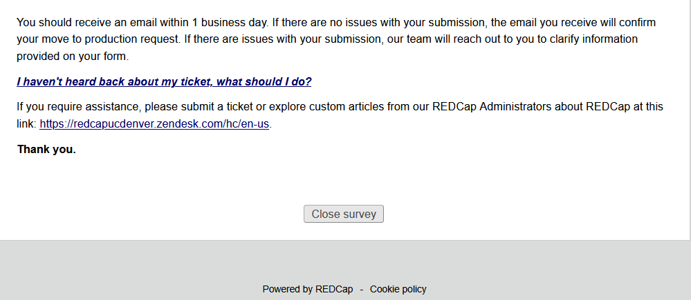 Screenshot of the survey completion screen for the Move Project to Production survey.