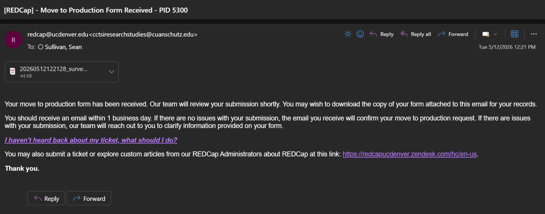 Screenshot of an Outlook window, displaying a notification email informing the submitter their request has been received. A PDF attachment of the submission is previewed in the image.