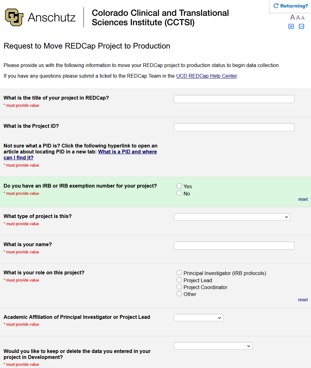 Screenshot of the old Request to Move REDCap Project to Production survey, displaying the fields used to capture information about projects as described in the preceeding bullets.