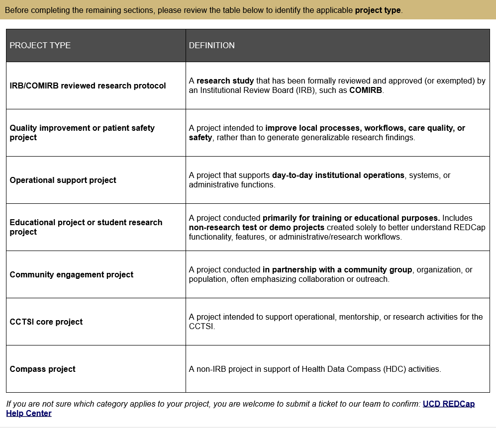 Screenshot of page two of the new Move to Production REDCap survey. A table describing project types with definitions appears.