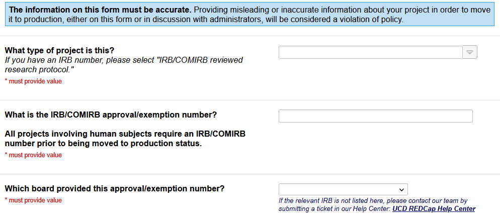 Screenshot of page two of the new Move to Production REDCap survey, displaying the fields described in the bullets above this image.