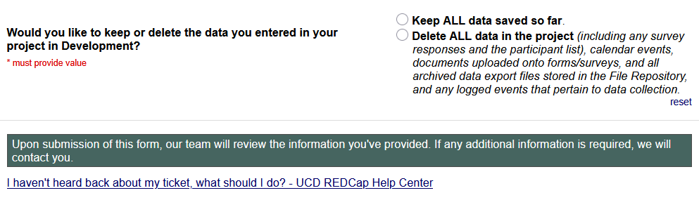 Screenshot of the bottom of the final page of the Move Project to Production survey, displaying the field used to indicate whether data should be kept or deleted.