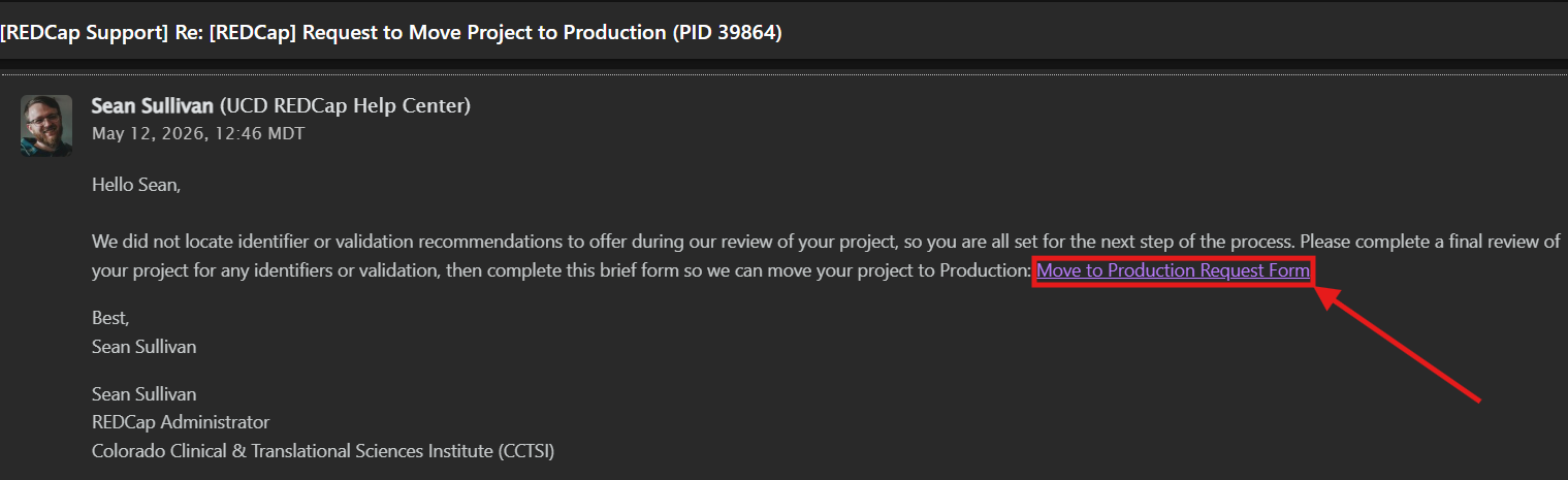 Screenshot of an Outlook email which displays a Zendesk ticket titled Request to Move Project to Production. A hyperlink to a Move to Production Request Form is highlighted.