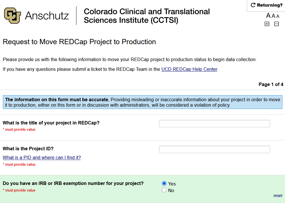 Screenshot of page one of the new Move REDCap Project to Production survey, displaying the fields described before this screenshot.
